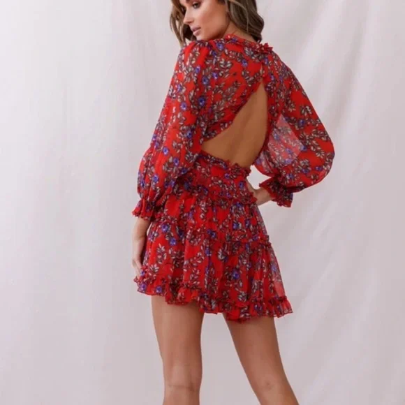 Ally Fashion | Dresses | Nwt Ally Fashion Red Floral Print Dress Sz 4  Romantic Dress Long Sleeve Dress | Poshmark